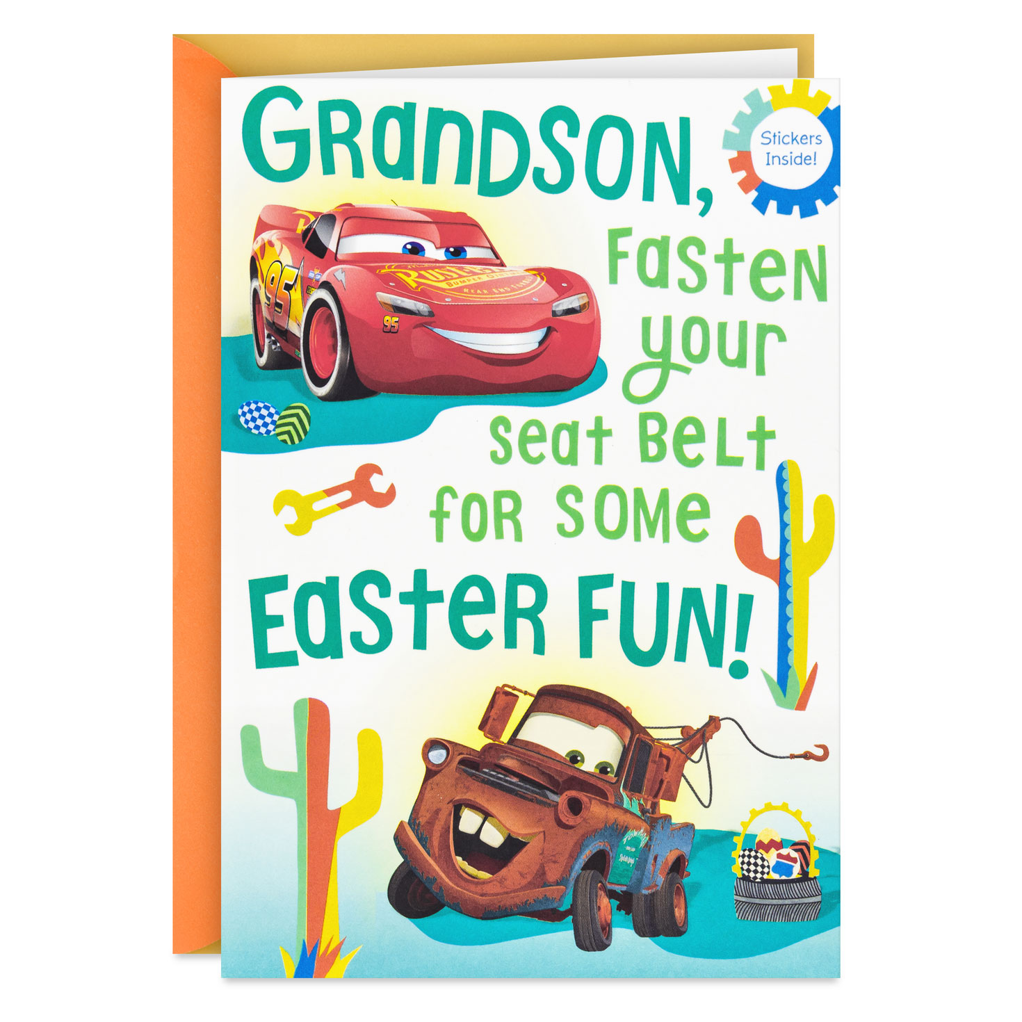Disney/Pixar Cars Fasten Your Seat Belt for Fun Easter Card for Grandson with Stickers