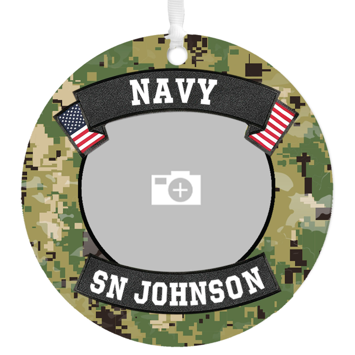 Navy Metal Personalized Ornament, Custom Photo and Text